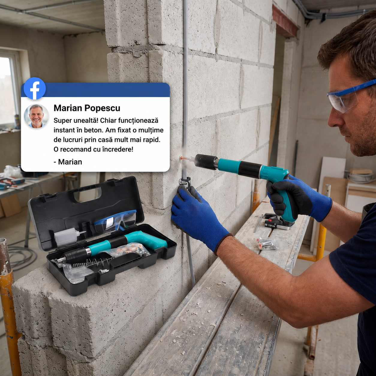 Pistol de Bătut Cuie în Beton și Oțel, Portabil, Putere Reglabilă